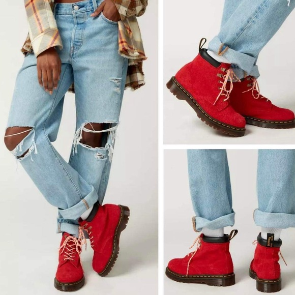 Dr.Martens Women’s 939 Ben Suede Red Padded Collar Lace Up Boots New - Picture 3 of 15